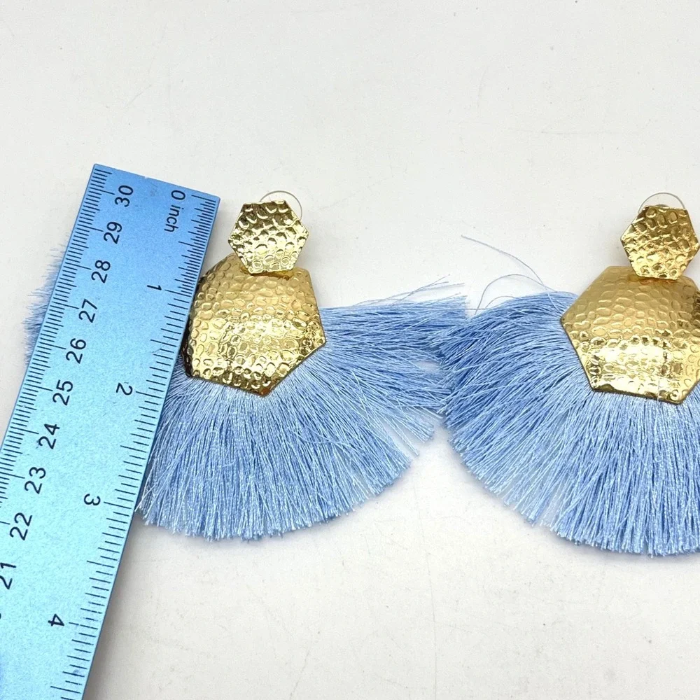 Hammered Gold Geometric Light‎ Blue Fan Tassel Statement Earrings Boho Drop